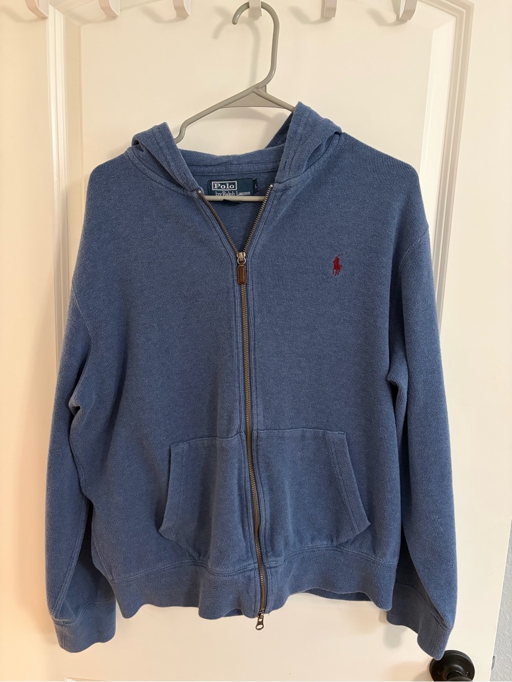 Vintage Men’s Polo by Ralph Lauren Blue Zip-Up Hoodie with Red Pony